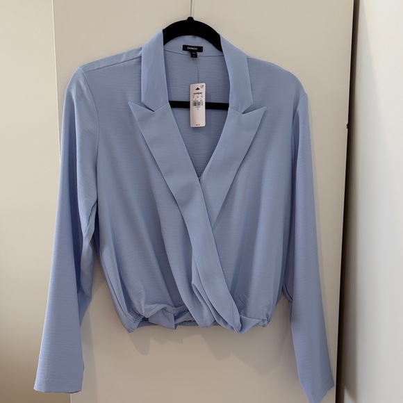 Express Collared V-Neck Faux Wrap Front Top - Picture 2 of 6